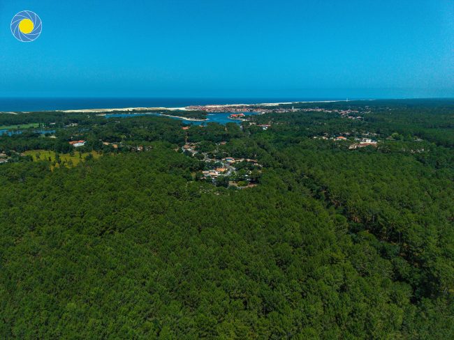Forêt à Soustons plage avec le lac de Port d'Albret au drone
